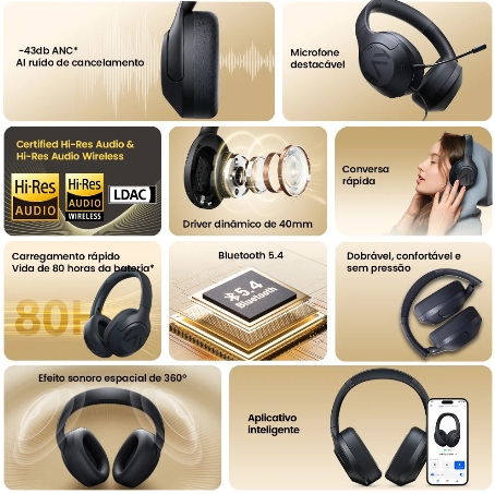 HAYLOU S30 Wireless Bluetooth 5.4 Headphones 43dB Adaptive Noise Cancelling Headsets 40mm Driver 80H Playtime Earphones