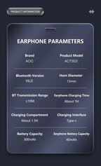 AOC ACT3521 Wireless Earphones OWS Ear Hook Bluetooth HIFI Stereo Earbuds Gaming Low Latency IPX5 Waterproof Sport Headphones