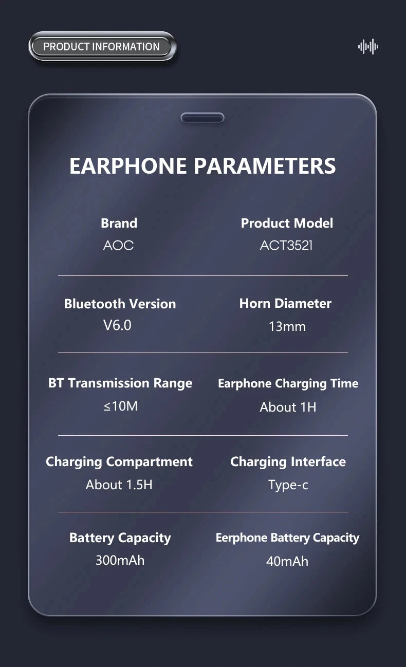 AOC ACT3521 Wireless Earphones OWS Ear Hook Bluetooth HIFI Stereo Earbuds Gaming Low Latency IPX5 Waterproof Sport Headphones