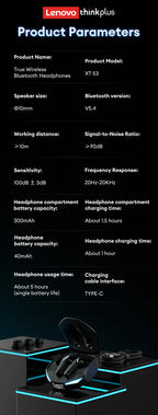 New Lenovo XT53 Wireless Bluetooth 5.4 Earphones LED Digital Display Waterproof Earbuds Noise Cancelling Gaming Headset