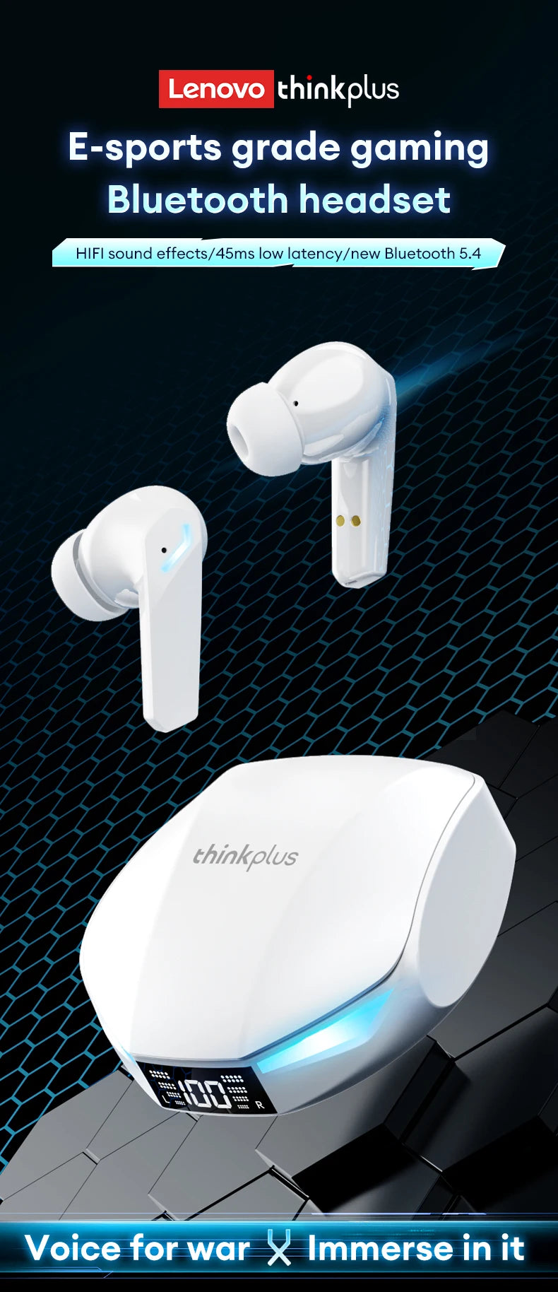 New Lenovo XT53 Wireless Bluetooth 5.4 Earphones LED Digital Display Waterproof Earbuds Noise Cancelling Gaming Headset