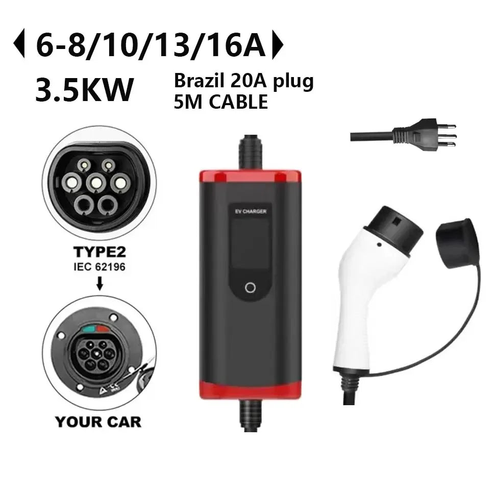 evthsla EV Portable Charger Type2 Plug Connector 16A 1Phase 3.5KW 5m Wallbox Charging Station Wallbox EVSE for Electric Vehicle