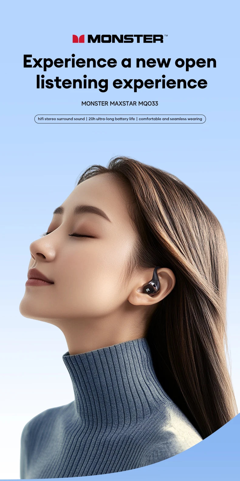 Monster MQO33 Wireless Bluetooth 5.4 Earphones Dolby Immersive Sound HD Call Headphones Sports Noise Reduction Open Ear Earbuds